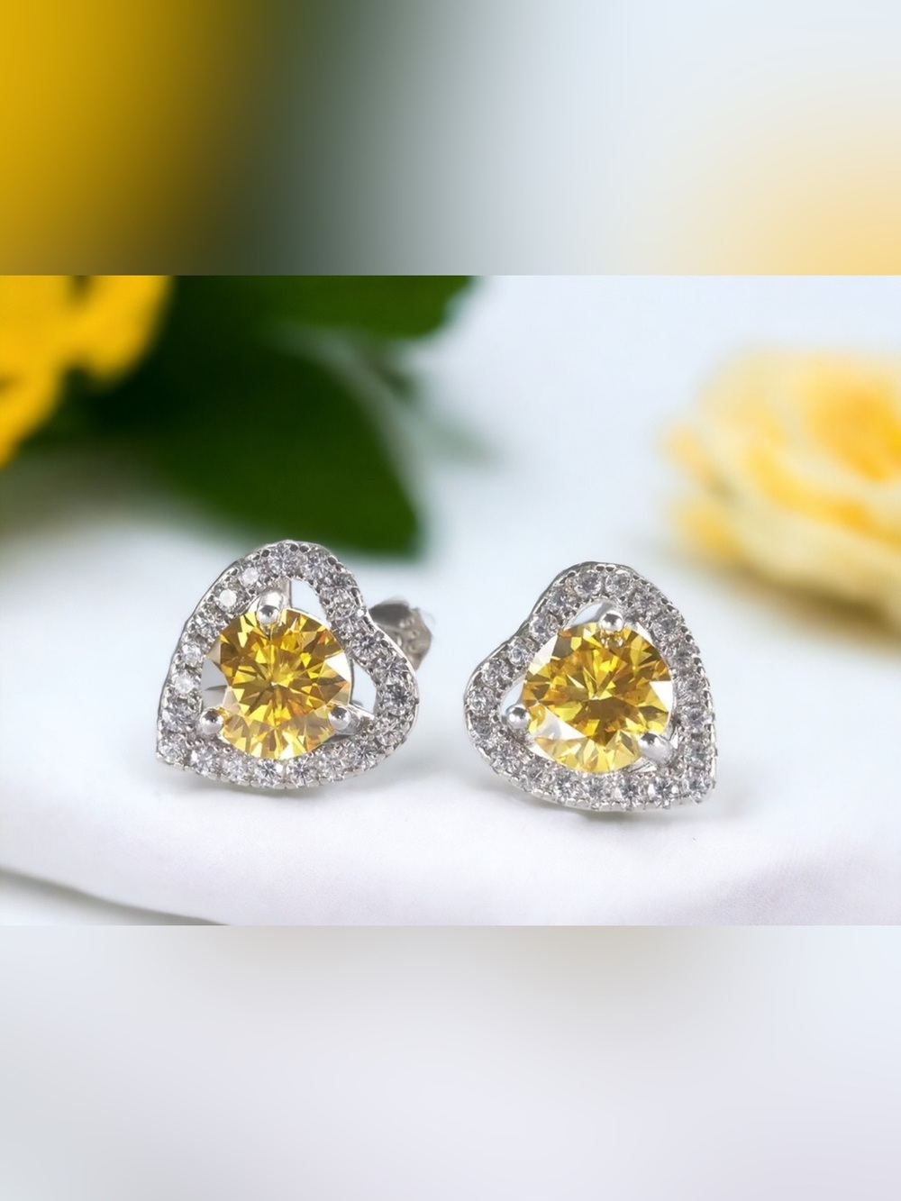Lemon Yellow Moissanite 1ct heart shape halo Stud Earrings S925 sterling silver